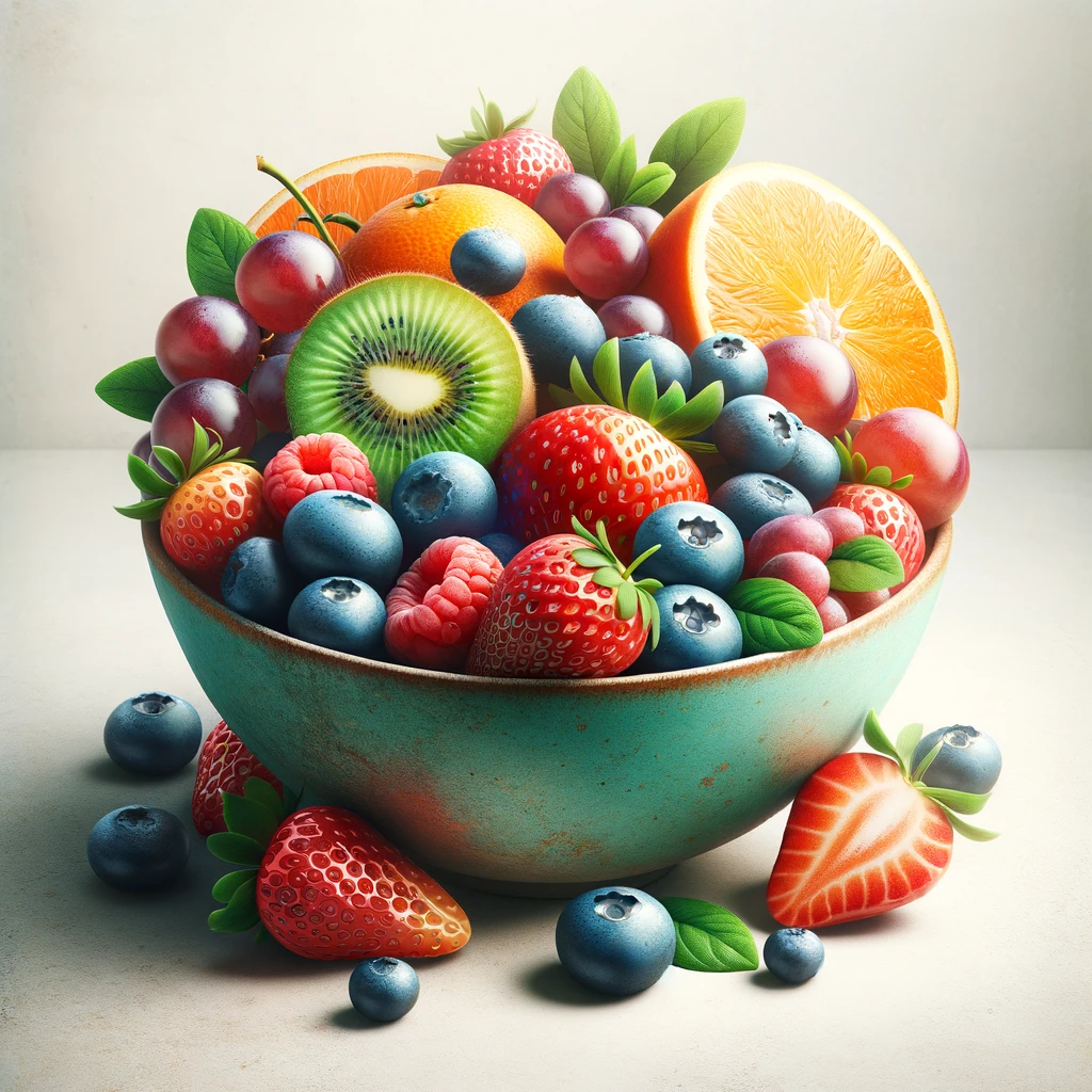 DALL·E 2024-05-18 22.32.05 - Create a high-definition image of a bowl filled with delicious, vibrant fruits. Include a variety of fruits such as strawberries, blueberries, grapes,